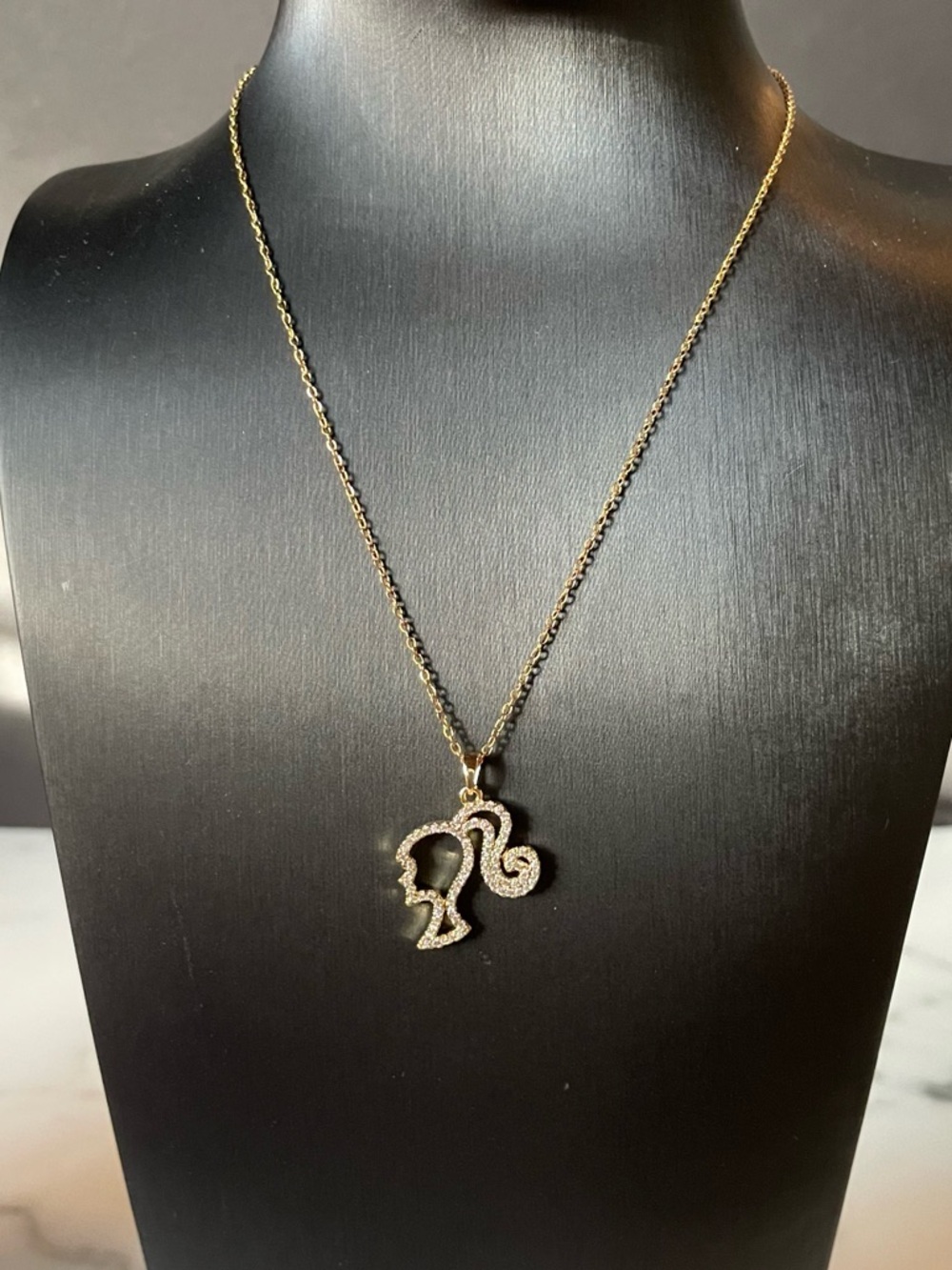 Gold-Tone Rhinestone Barbie Profile Pendant Necklace - Picture 8 of 8